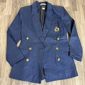 Harris Wallace Navy Blue Blazer Women’s Size 8 Double Breasted Crest Buttons